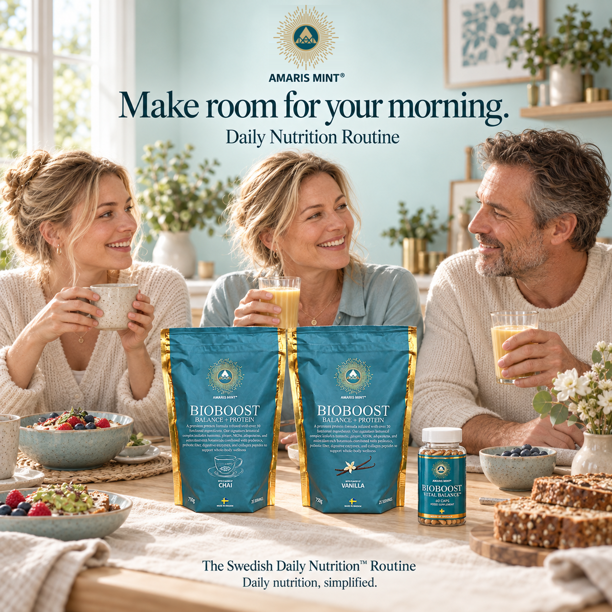 Daily Nutrition Routine with Chai and Vanilla protein pouches and a Vital Balance bottle at breakfast with an adult family.