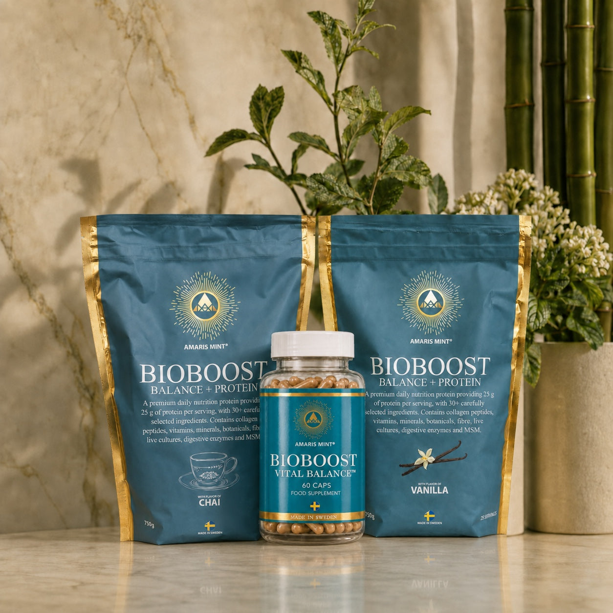 Amaris Mint Daily Nutrition Routine with Chai and Vanilla protein powders and BioBoost Vital Balance capsules.