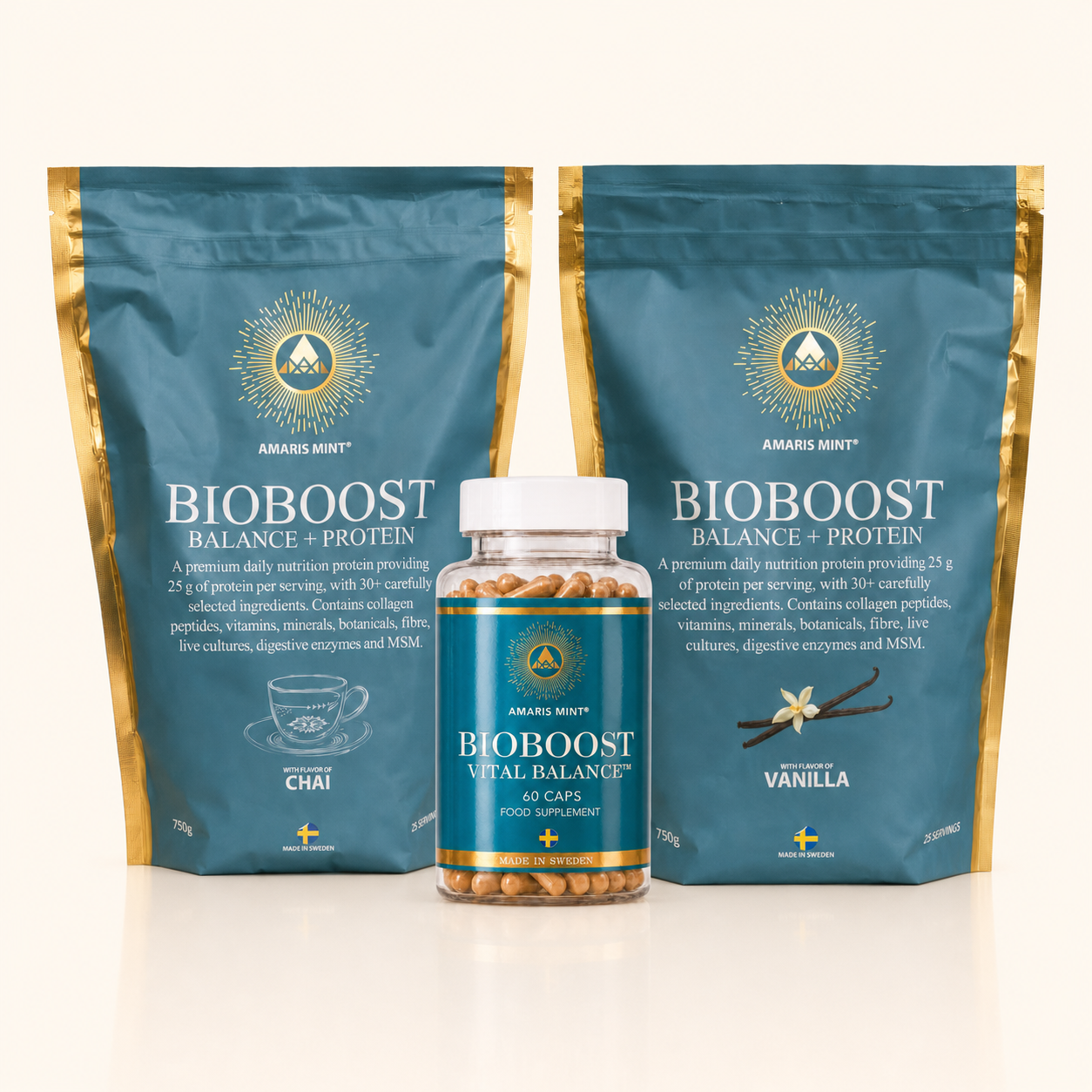 Amaris Mint Daily Nutrition Routine with Chai and Vanilla BioBoost protein powders and Vital Balance capsules.