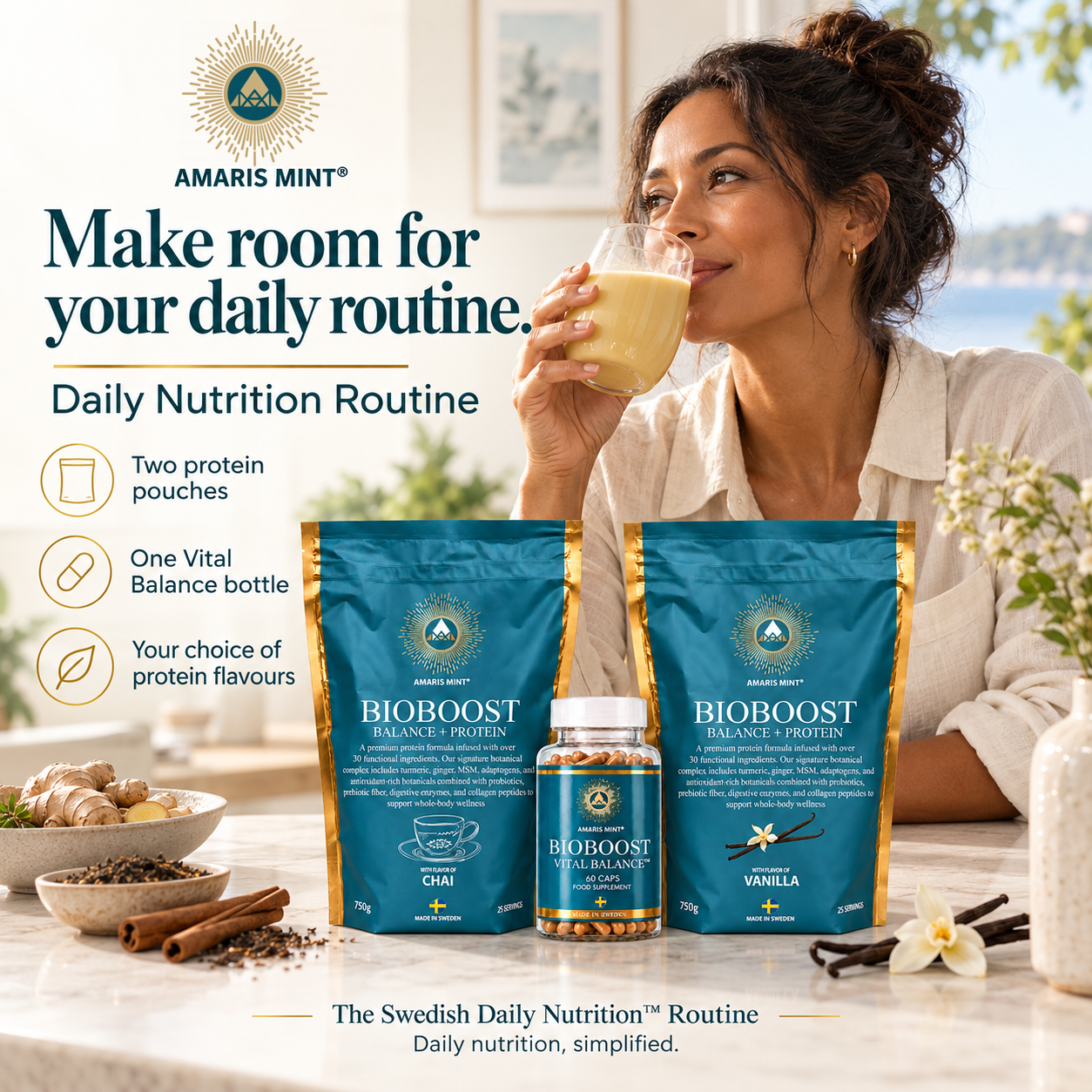 Daily Nutrition Routine lifestyle infographic showing Chai and Vanilla protein pouches and a Vital Balance bottle beside a woman drinking a golden shake.