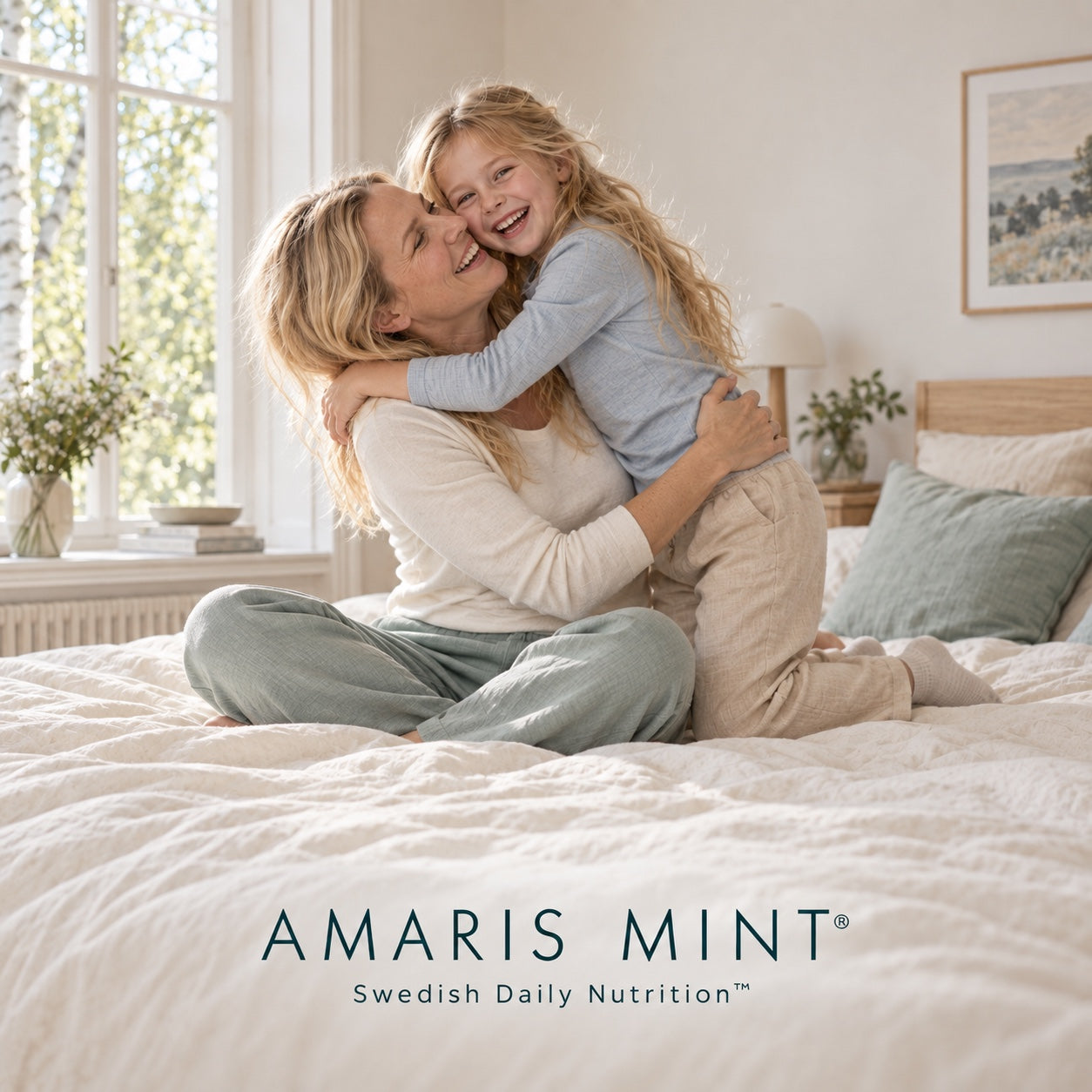 AI-generated lifestyle image of a mother and daughter laughing and hugging on an ivory bed. Amaris Mint — Swedish Daily Nutrition.