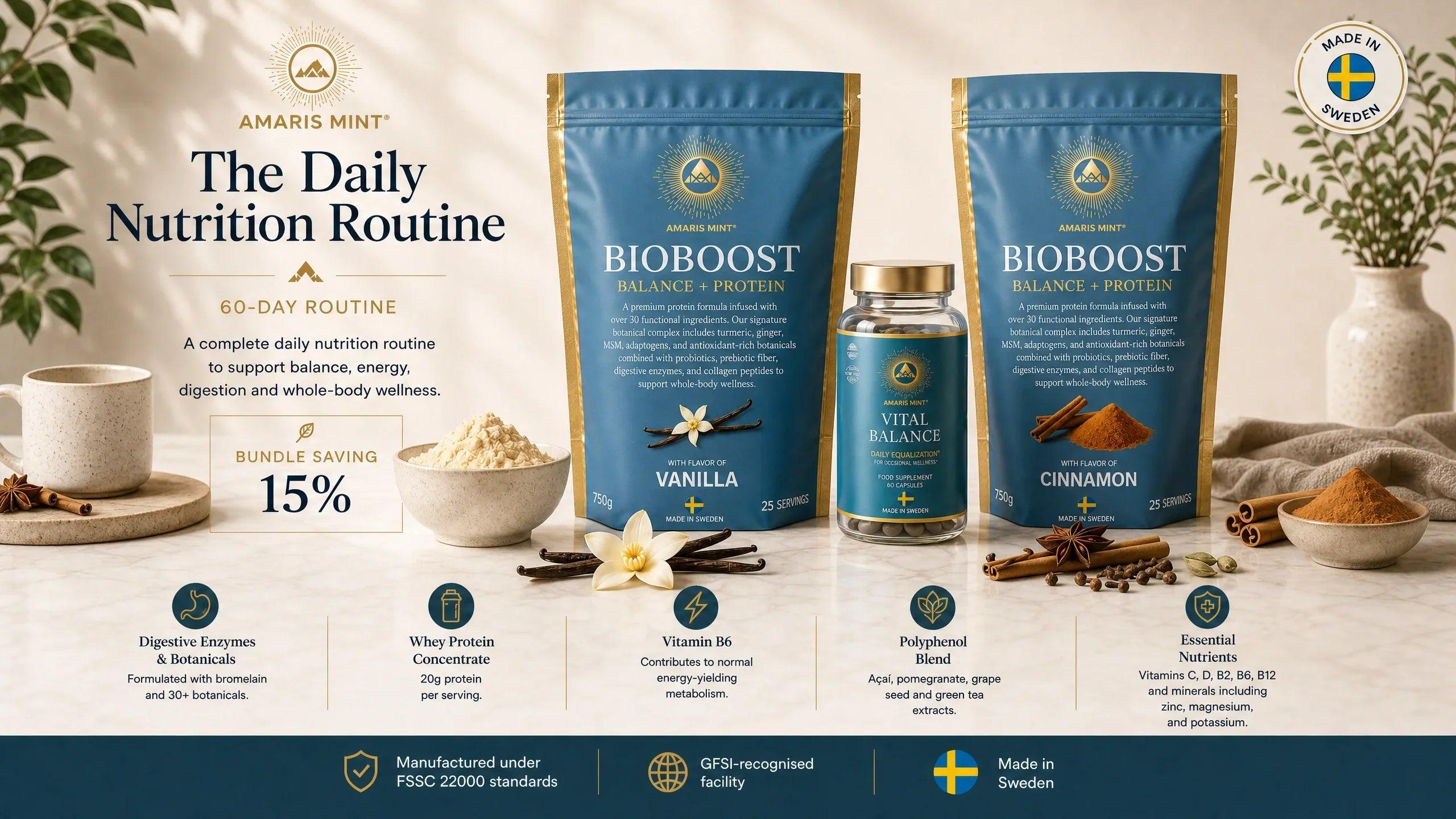 Amaris Mint Daily Nutrition Routine with Vanilla and Cinnamon BioBoost protein powders and Vital Balance capsules.