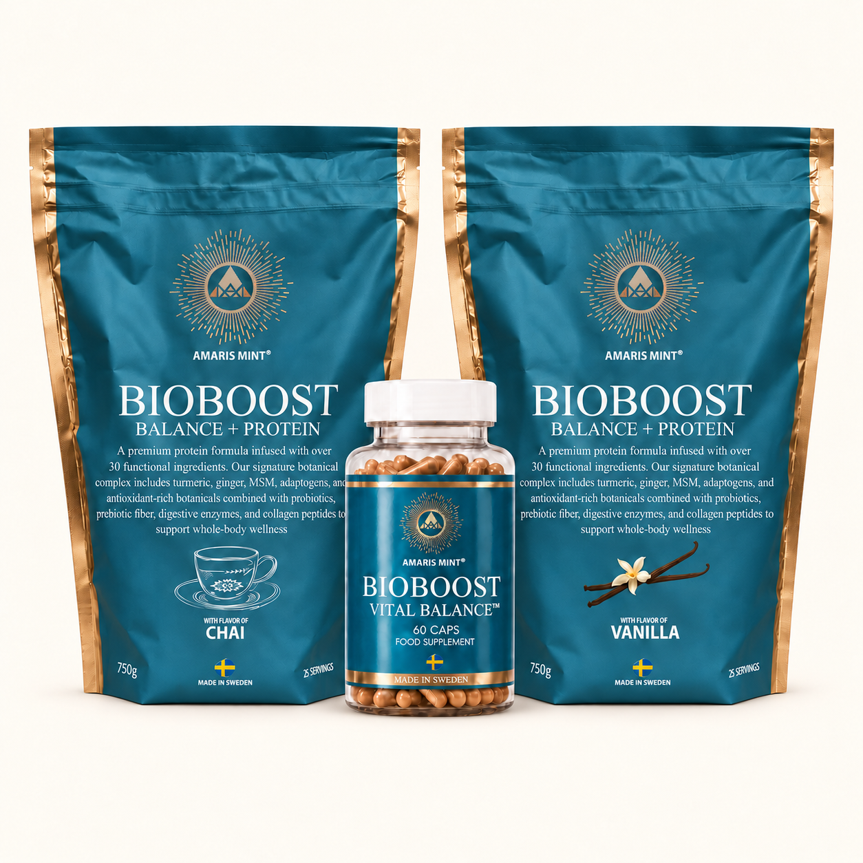 Amaris Mint daily nutrition routine with protein powders and Vital Balance capsules