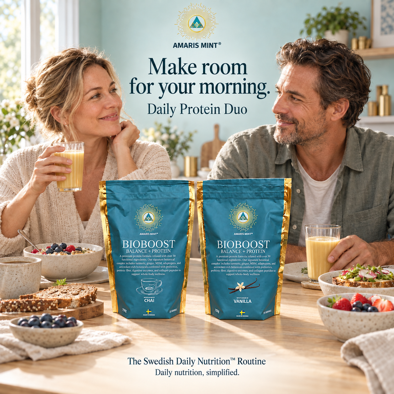 Daily Protein Duo with Chai and Vanilla pouches beside an adult couple enjoying golden shakes at breakfast.