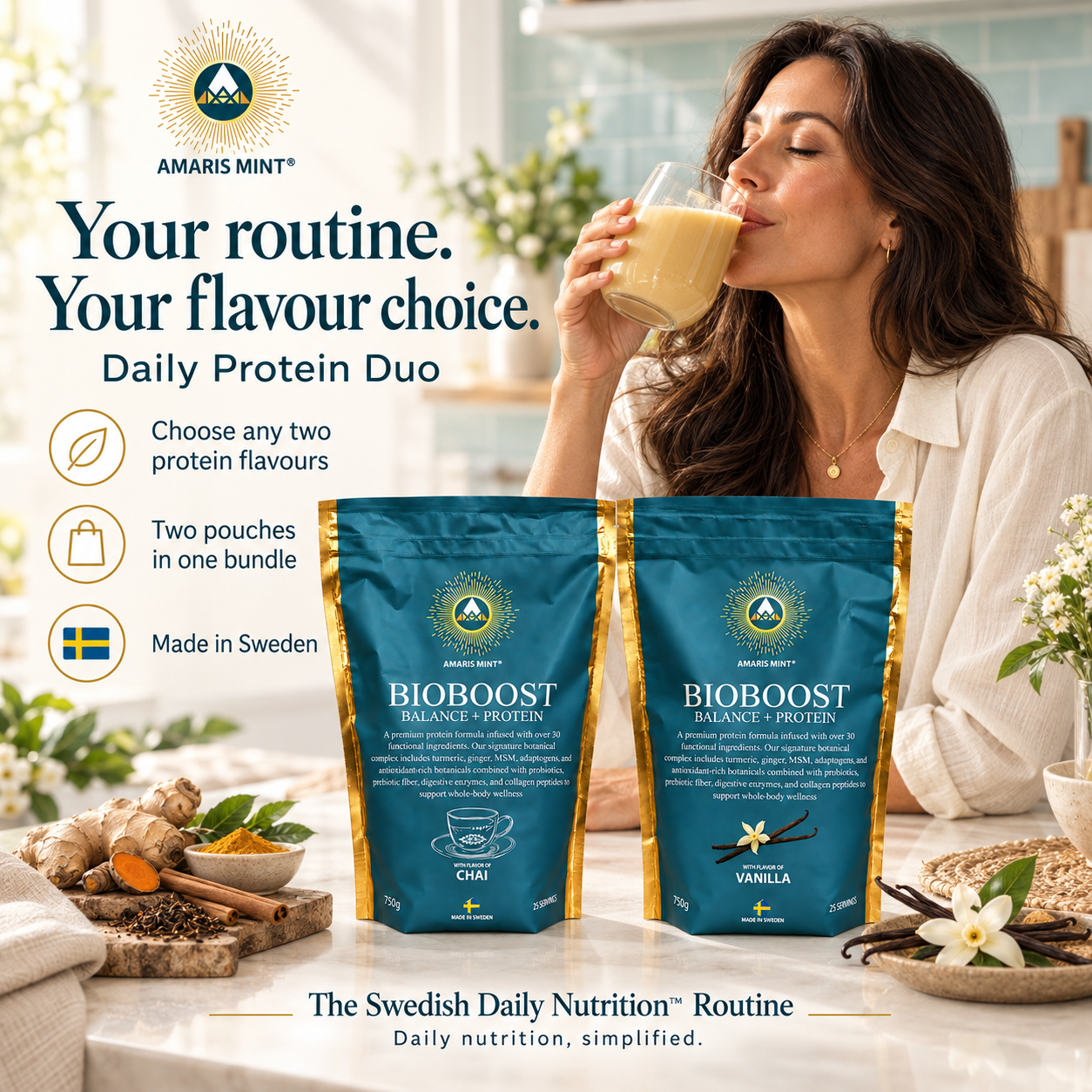 Daily Protein Duo lifestyle infographic showing Chai and Vanilla pouches beside a woman drinking a golden shake, with a choice of two protein flavours.