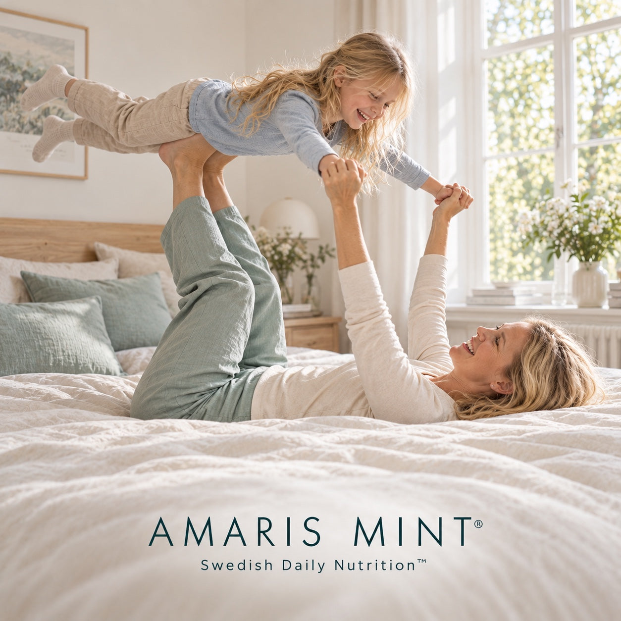 AI-generated lifestyle image of a mother and daughter playing aeroplane on an ivory bed in a sunlit bedroom. Amaris Mint — Swedish Daily Nutrition.