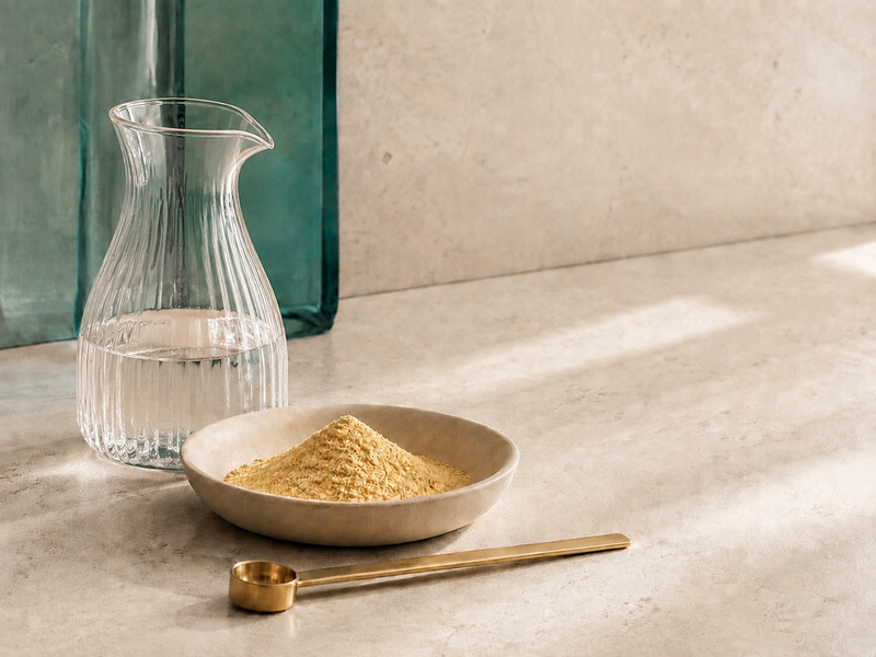 Bowl of daily protein powder with a measuring scoop and glass jug of water.