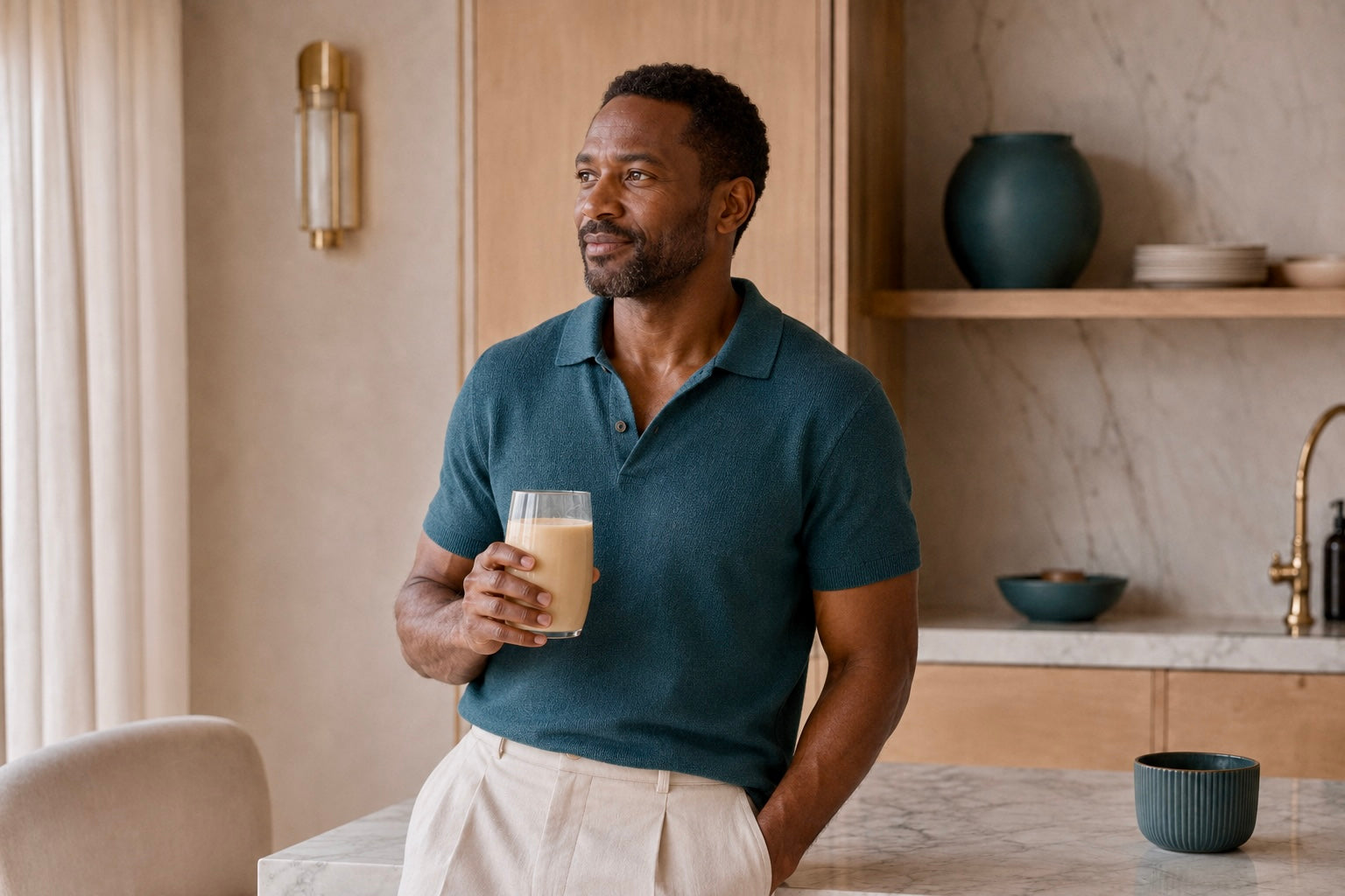 Man enjoying a daily protein shake in a modern kitchen.