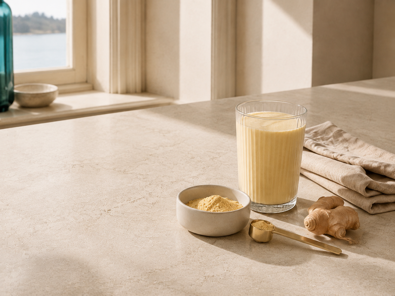 Prepared daily protein shake with powder, measuring scoop and fresh ginger.