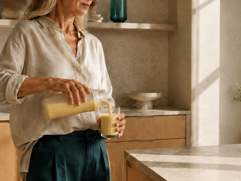 Woman pouring a prepared protein shake into a glass in a modern kitchen.