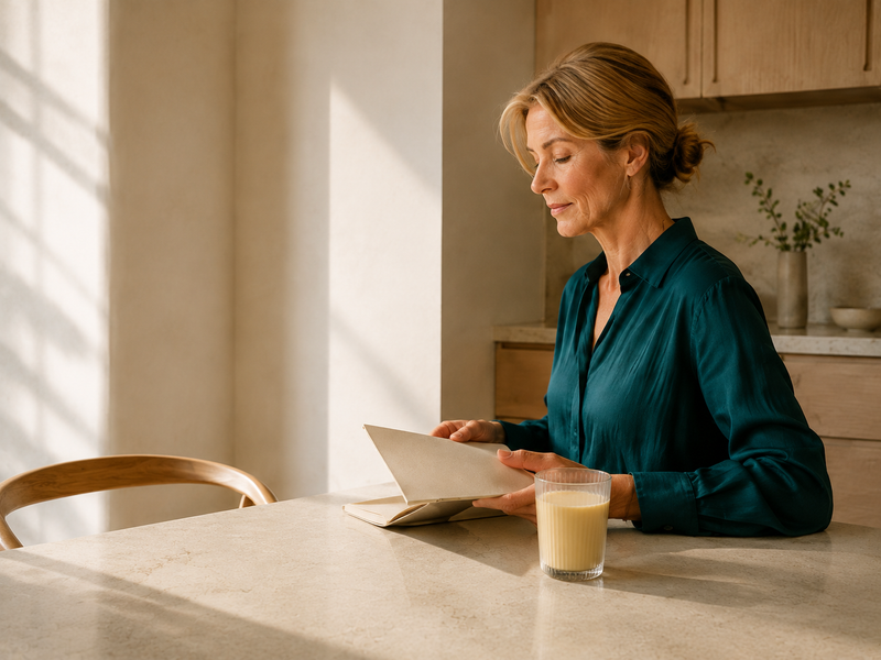 Woman working on a laptop with a daily protein shake at home.