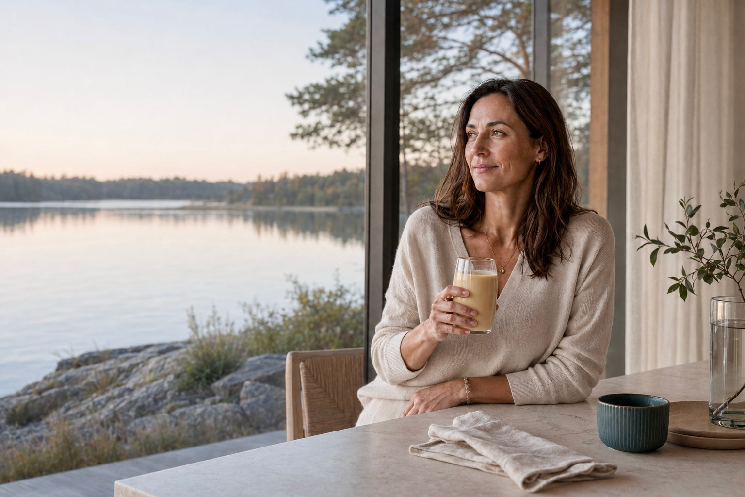 Woman enjoying a daily protein shake beside a lakeside window.