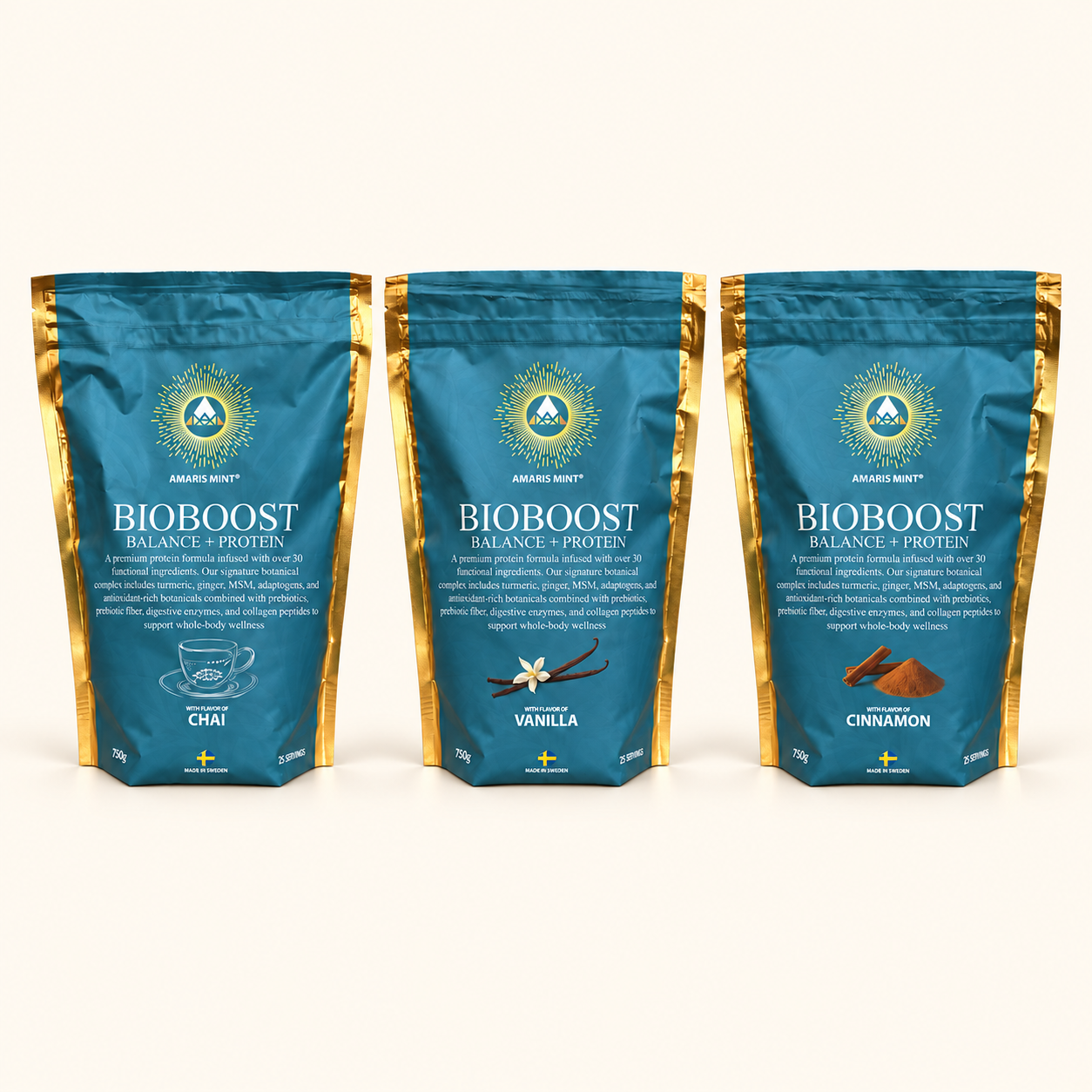 BioBoost Trio with Chai, Vanilla and Cinnamon pouches photographed together against a neutral studio background.