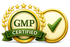 GMP Certified seal with green checkmark, gold stars, and laurel wreaths, indicating quality assurance for premium nutrition products.