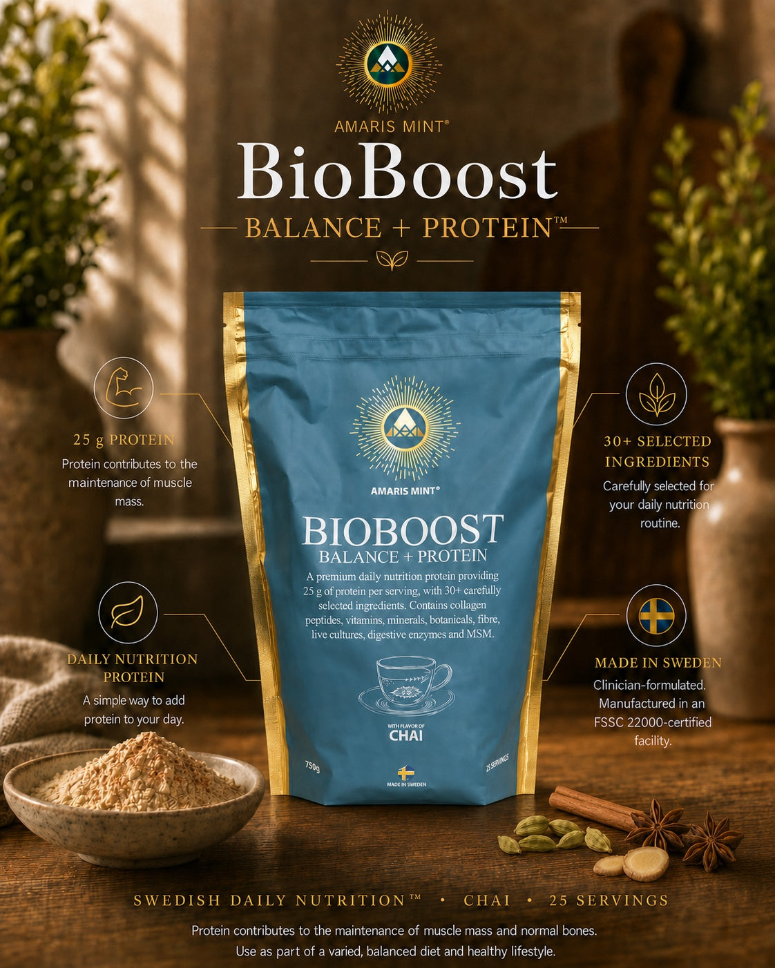 Amaris Mint BioBoost Balance + Protein Chai infographic highlighting 25 g protein, 30+ selected ingredients and Made in Sweden.