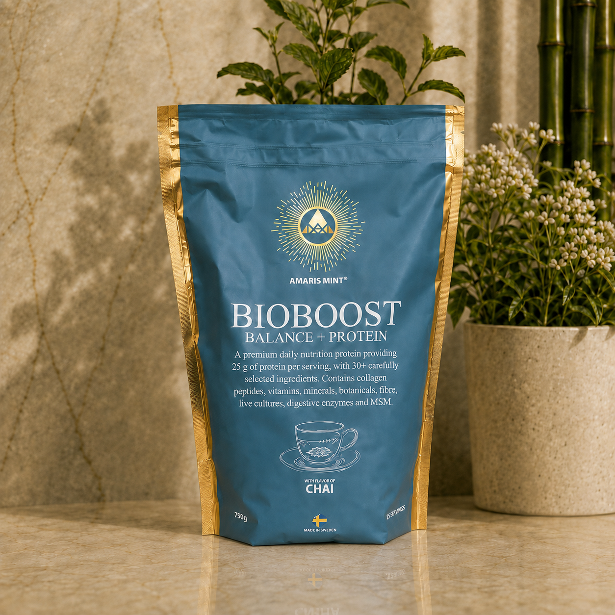 Amaris Mint BioBoost Balance + Protein Chai pouch on a marble countertop with green plants.