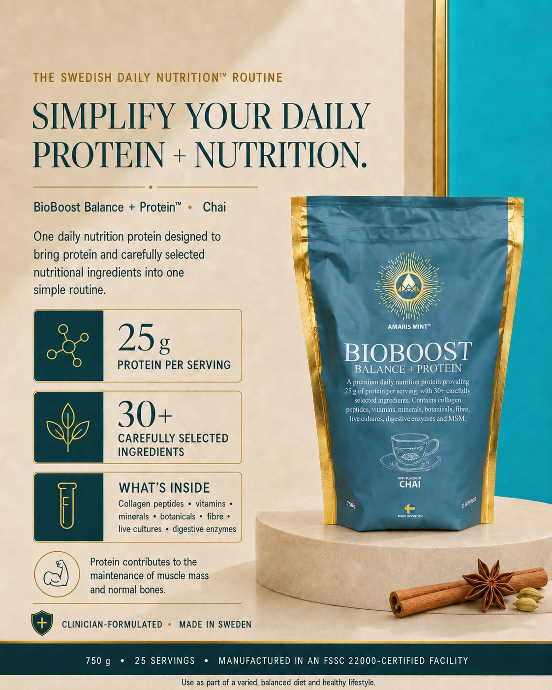 Amaris Mint BioBoost Balance + Protein Chai infographic with 25 g protein and 30+ selected ingredients.