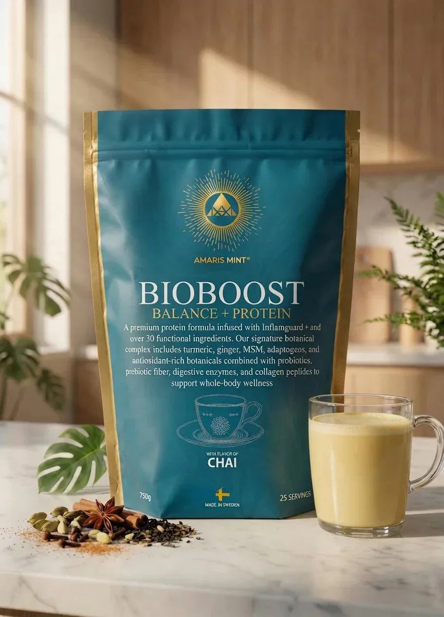 Amaris Mint BioBoost Balance + Protein Chai pouch with a prepared protein shake and chai spices.
