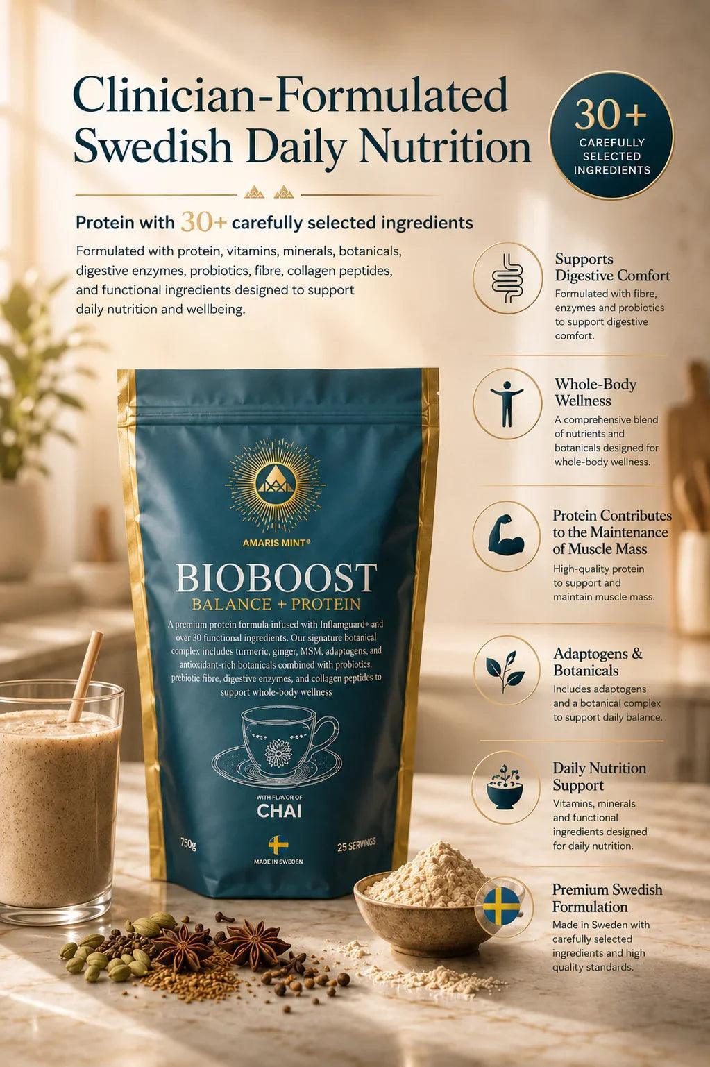 Amaris Mint BioBoost Balance + Protein Chai infographic featuring 30+ selected ingredients and Swedish Daily Nutrition.