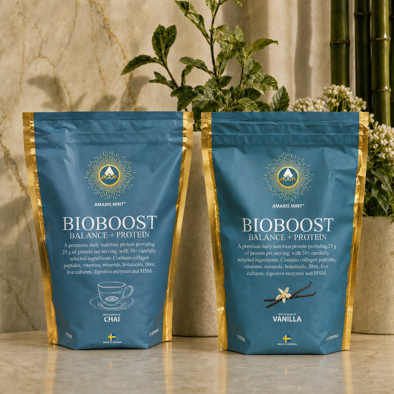 Amaris Mint BioBoost Balance + Protein Chai and Vanilla pouches on a marble countertop